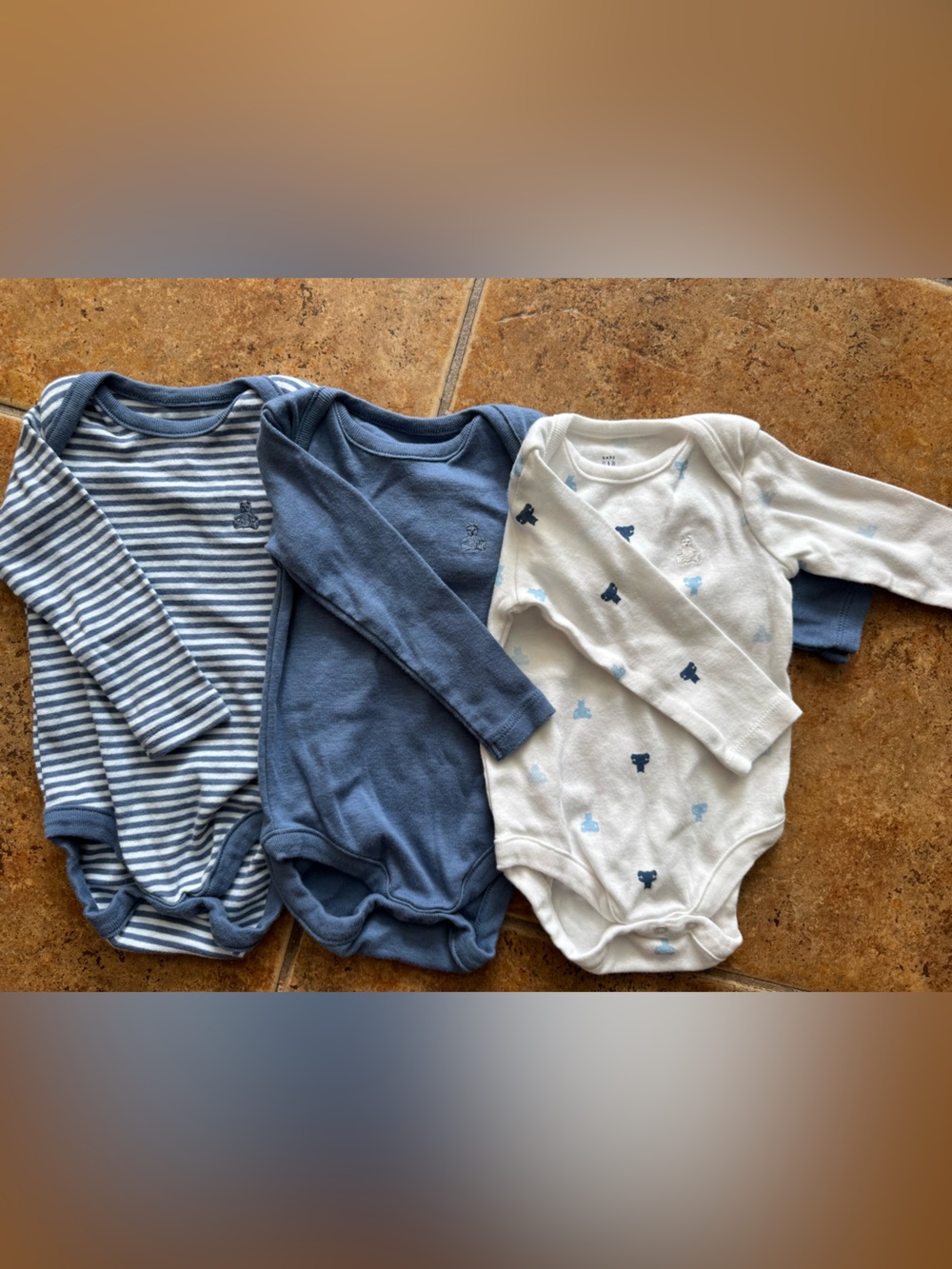 GAP Baby Boys Blue & White Long Sleeve One-Piece Bodysuits (3 Pack)